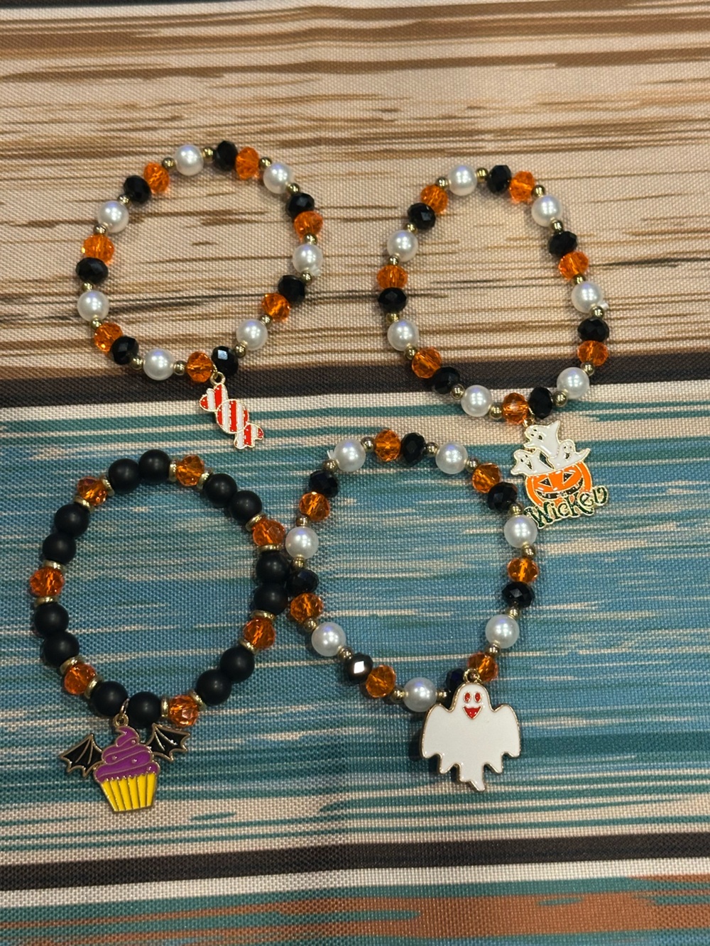 Halloween Charm Beaded Bracelet Set - Orange, Black & White